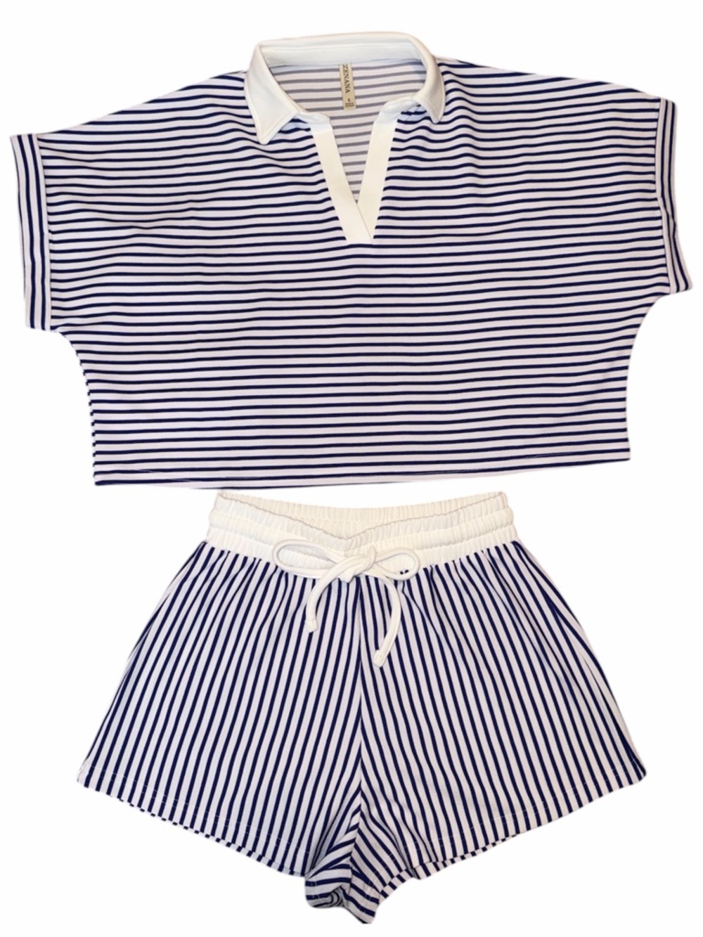 Brand New Zenana Striped Navy & White Two-Piece Lounge Set
